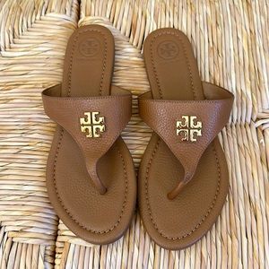 Tory Burch Jolie Flat Sz 7.5 Tumbled Leather Royal Tan Thong